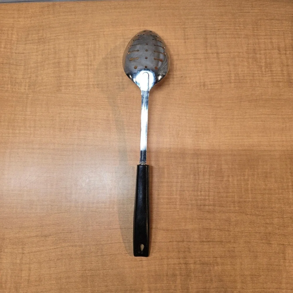 Vintage EKCO USA Chrome Plated Slotted Spoon‎ Black Plastic Handle